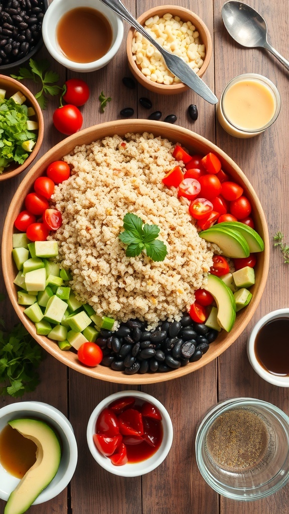 Quinoa Bowl Buffet Recipe A quinoa bowl buffet with colorful toppings including tomatoes, cucumbers, avocados, black beans, and corn on a wooden table.